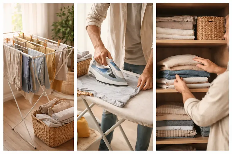 Linges étendus, repassés et rangés